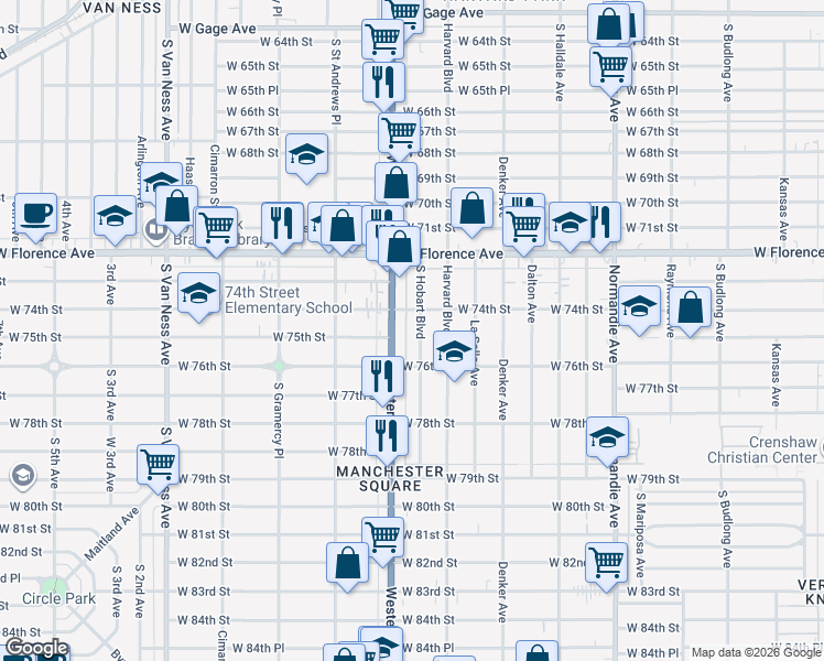 map of restaurants, bars, coffee shops, grocery stores, and more near 7427 South Hobart Boulevard in Los Angeles