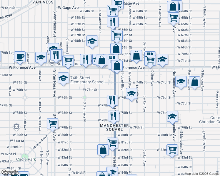 map of restaurants, bars, coffee shops, grocery stores, and more near 7423 South Western Avenue in Los Angeles