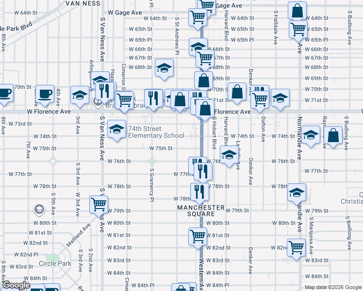 map of restaurants, bars, coffee shops, grocery stores, and more near 1859 West 75th Street in Los Angeles