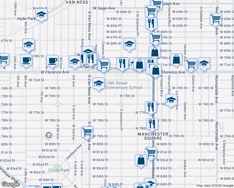 map of restaurants, bars, coffee shops, grocery stores, and more near 2013 West 75th Street in Los Angeles