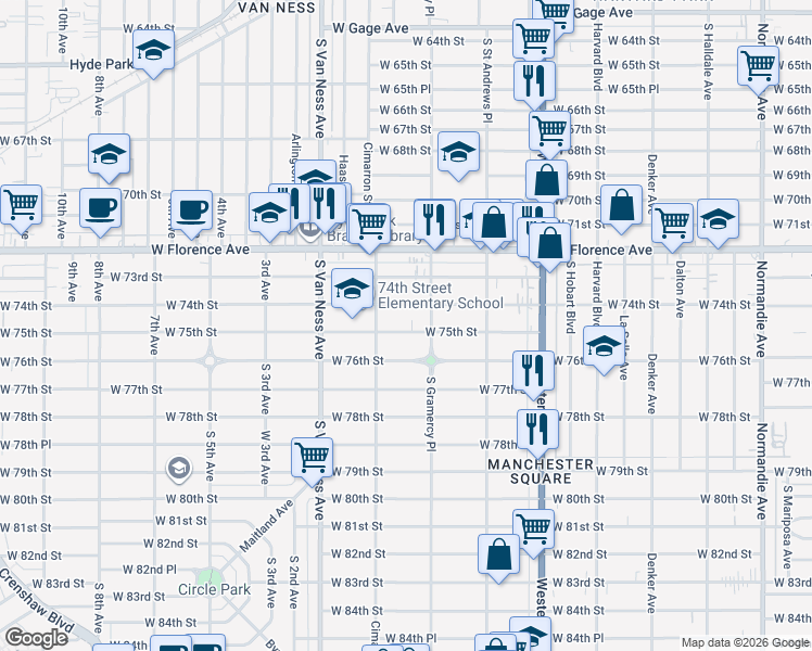 map of restaurants, bars, coffee shops, grocery stores, and more near 2013 West 75th Street in Los Angeles