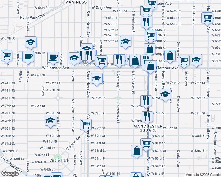 map of restaurants, bars, coffee shops, grocery stores, and more near 2013 West 75th Street in Los Angeles