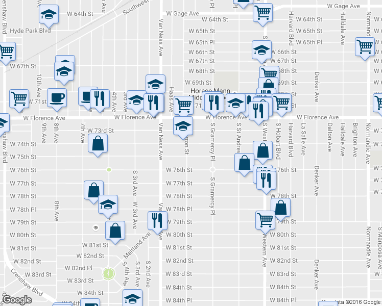 map of restaurants, bars, coffee shops, grocery stores, and more near 2059 West 75th Street in Los Angeles