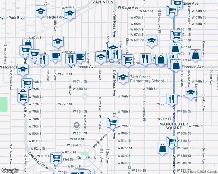 map of restaurants, bars, coffee shops, grocery stores, and more near 2217 West 75th Street in Los Angeles