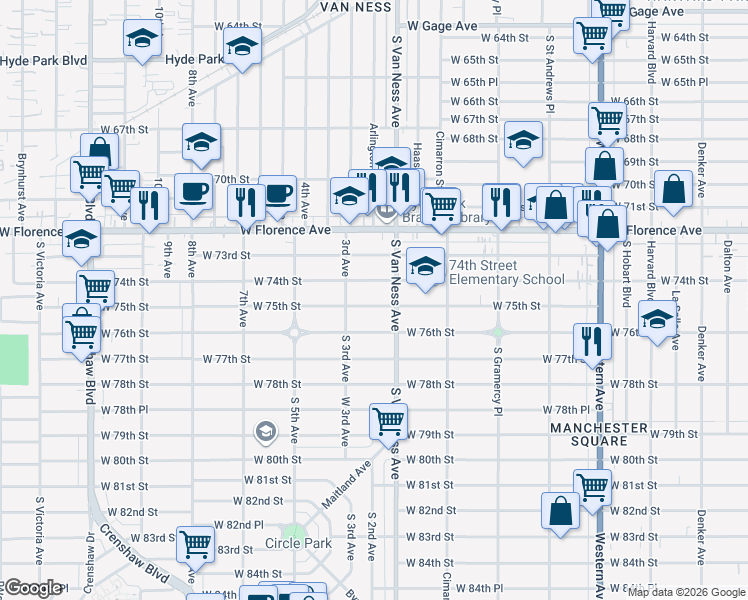 map of restaurants, bars, coffee shops, grocery stores, and more near 2217 West 75th Street in Los Angeles