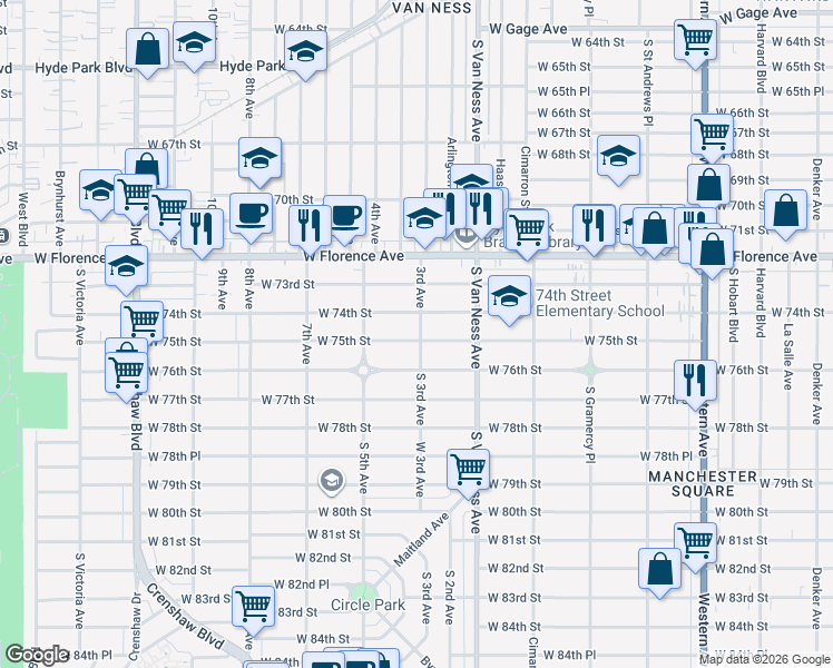 map of restaurants, bars, coffee shops, grocery stores, and more near 2403 West 75th Street in Los Angeles