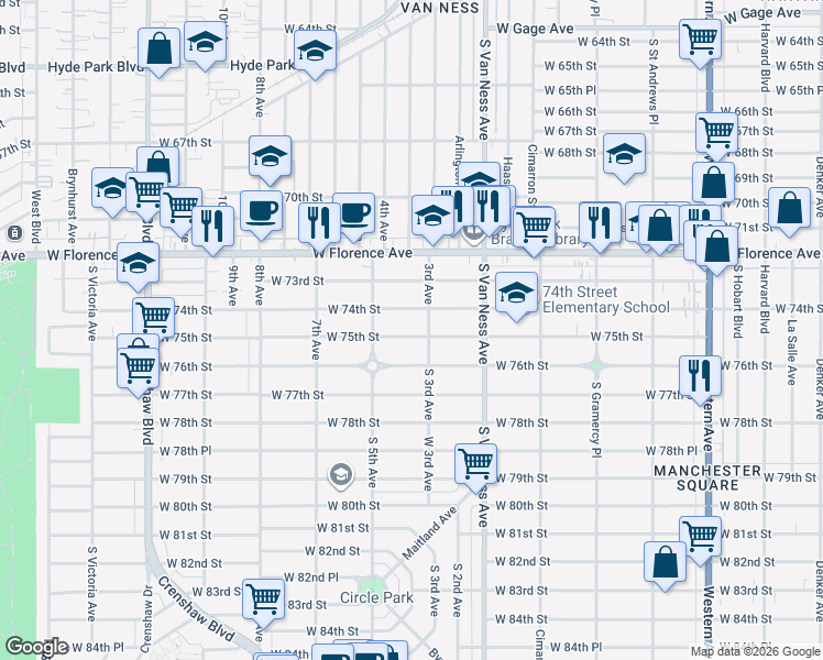 map of restaurants, bars, coffee shops, grocery stores, and more near 2403 West 75th Street in Los Angeles