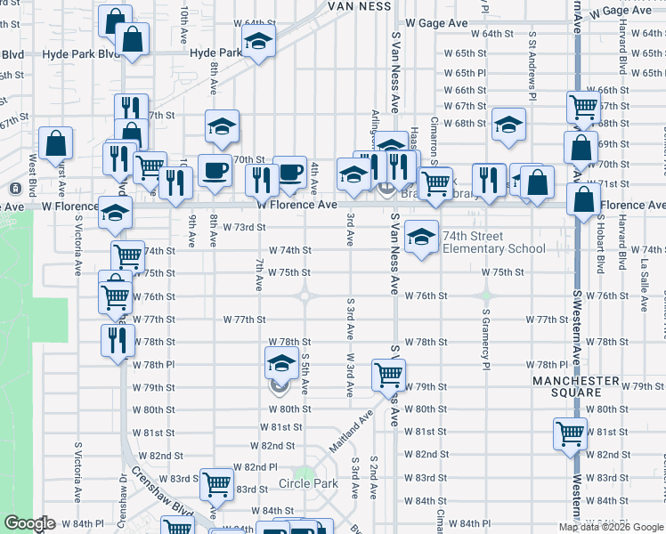 map of restaurants, bars, coffee shops, grocery stores, and more near 2511 West 75th Street in Los Angeles