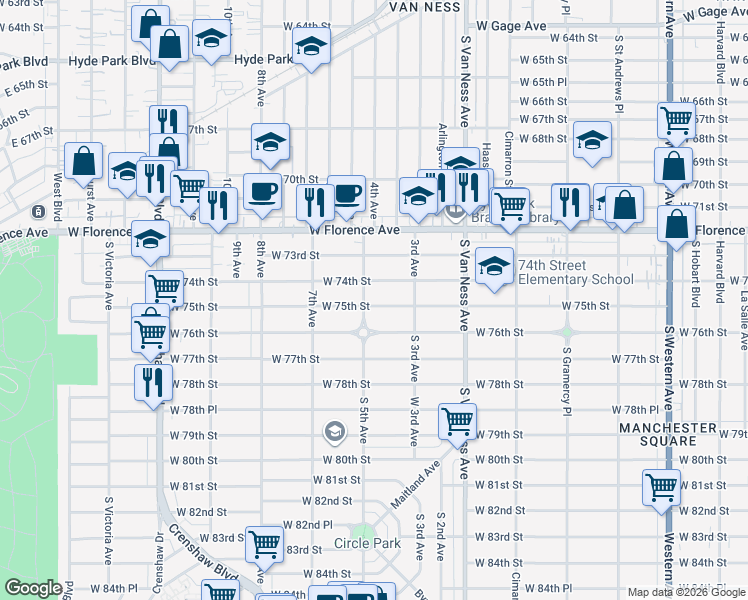 map of restaurants, bars, coffee shops, grocery stores, and more near 2511 West 75th Street in Los Angeles