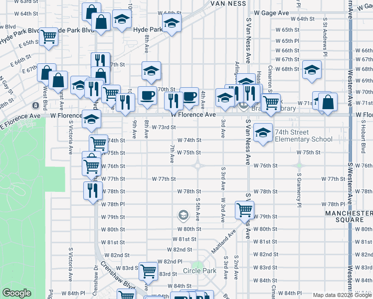map of restaurants, bars, coffee shops, grocery stores, and more near 2623 West 75th Street in Los Angeles