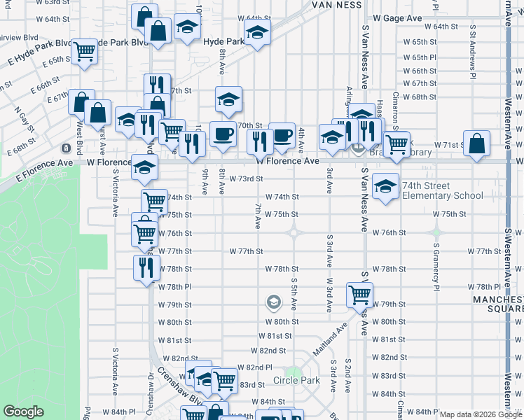 map of restaurants, bars, coffee shops, grocery stores, and more near 2903 West 75th Street in Los Angeles