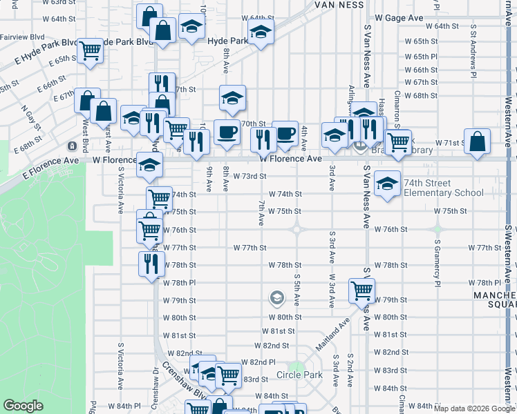 map of restaurants, bars, coffee shops, grocery stores, and more near 2903 West 75th Street in Los Angeles