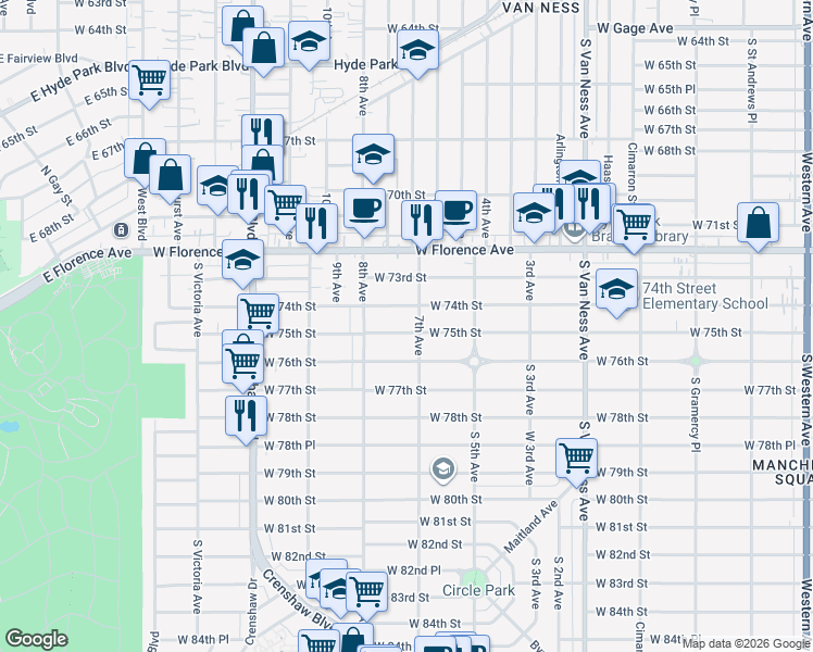 map of restaurants, bars, coffee shops, grocery stores, and more near 2903 West 75th Street in Los Angeles