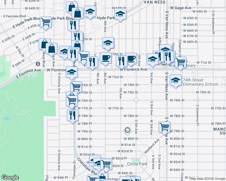 map of restaurants, bars, coffee shops, grocery stores, and more near 3019 West 75th Street in Los Angeles