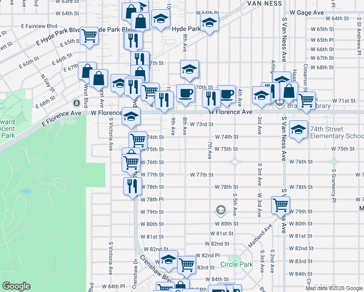 map of restaurants, bars, coffee shops, grocery stores, and more near 3129 West 75th Street in Los Angeles