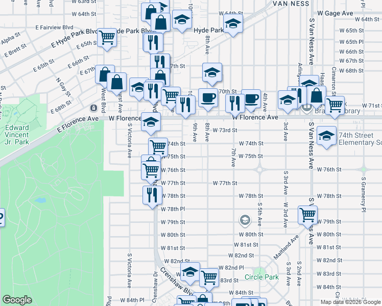 map of restaurants, bars, coffee shops, grocery stores, and more near 3129 West 75th Street in Los Angeles
