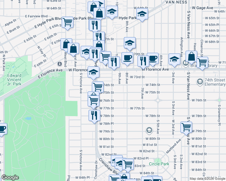 map of restaurants, bars, coffee shops, grocery stores, and more near 3205 West 75th Street in Los Angeles