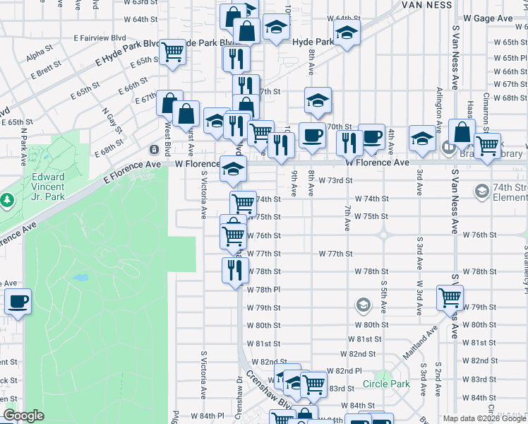map of restaurants, bars, coffee shops, grocery stores, and more near 3205 West 75th Street in Los Angeles