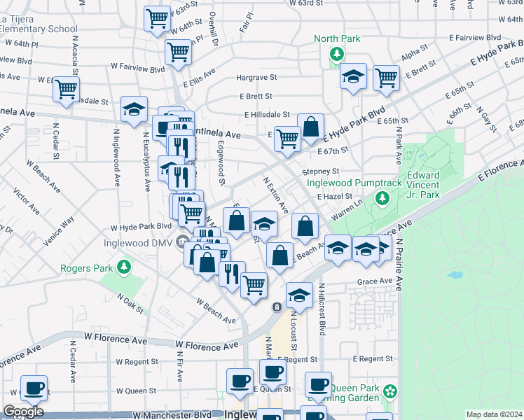 map of restaurants, bars, coffee shops, grocery stores, and more near 308 Stepney Street in Inglewood