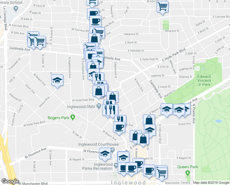 map of restaurants, bars, coffee shops, grocery stores, and more near 226 East Hyde Park Boulevard in Inglewood