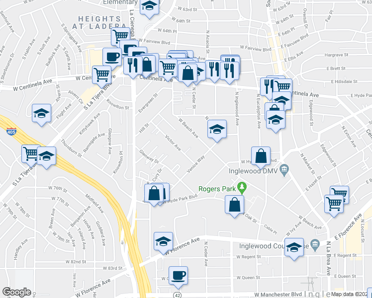 map of restaurants, bars, coffee shops, grocery stores, and more near 815 Victor Avenue in Inglewood