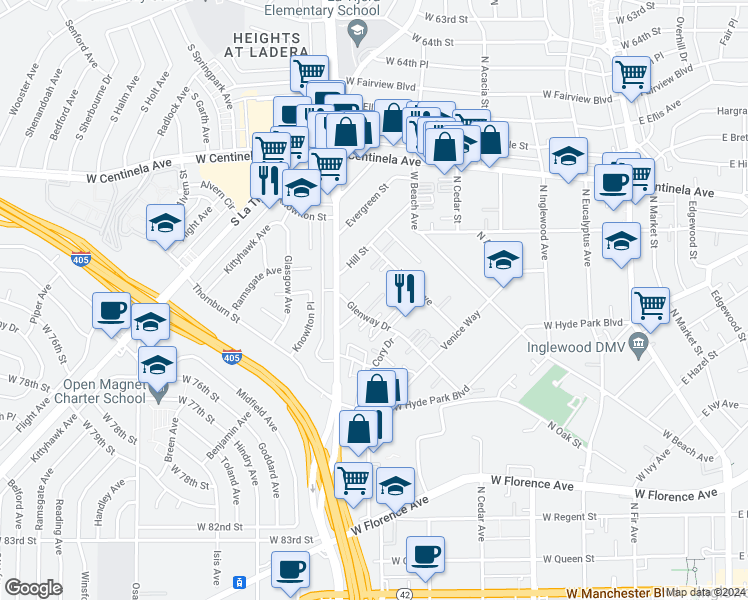 map of restaurants, bars, coffee shops, grocery stores, and more near 875 Glenway Drive in Inglewood