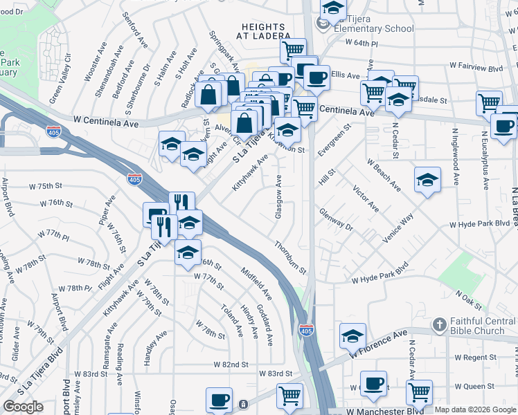 map of restaurants, bars, coffee shops, grocery stores, and more near 7144 Ramsgate Avenue in Los Angeles