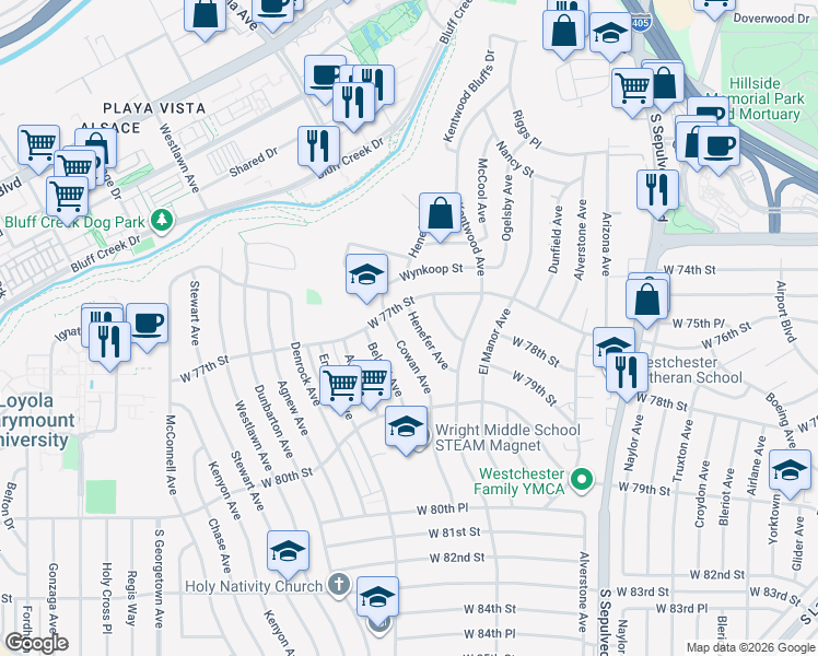 map of restaurants, bars, coffee shops, grocery stores, and more near 7720 Cowan Avenue in Los Angeles