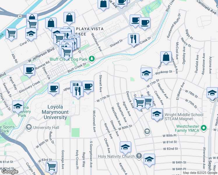 map of restaurants, bars, coffee shops, grocery stores, and more near 7531 Westlawn Avenue in Los Angeles