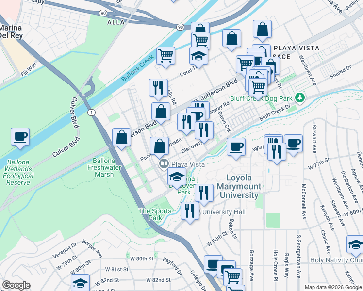 map of restaurants, bars, coffee shops, grocery stores, and more near 6043 South Para Way in Los Angeles