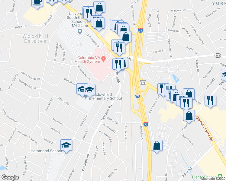 map of restaurants, bars, coffee shops, grocery stores, and more near 332 Byron Road in Columbia