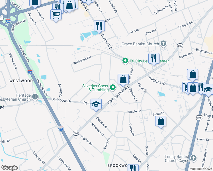 map of restaurants, bars, coffee shops, grocery stores, and more near 659 Westside Drive in West Columbia
