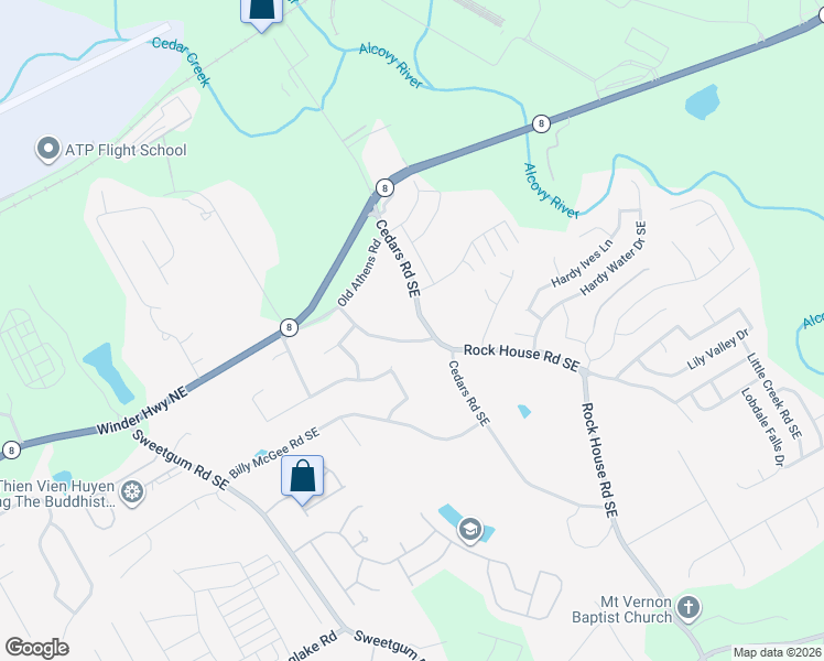 map of restaurants, bars, coffee shops, grocery stores, and more near 1460 Cedars Road in Lawrenceville