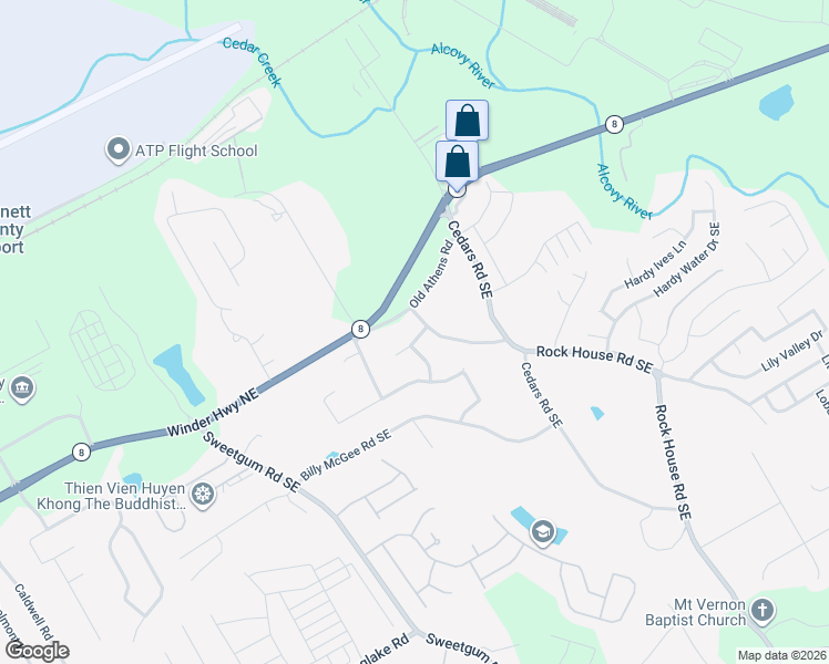 map of restaurants, bars, coffee shops, grocery stores, and more near 25 Rock House Road Southeast in Lawrenceville