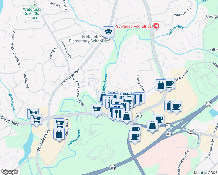 map of restaurants, bars, coffee shops, grocery stores, and more near 1115 River Overlook Drive Northwest in Lawrenceville