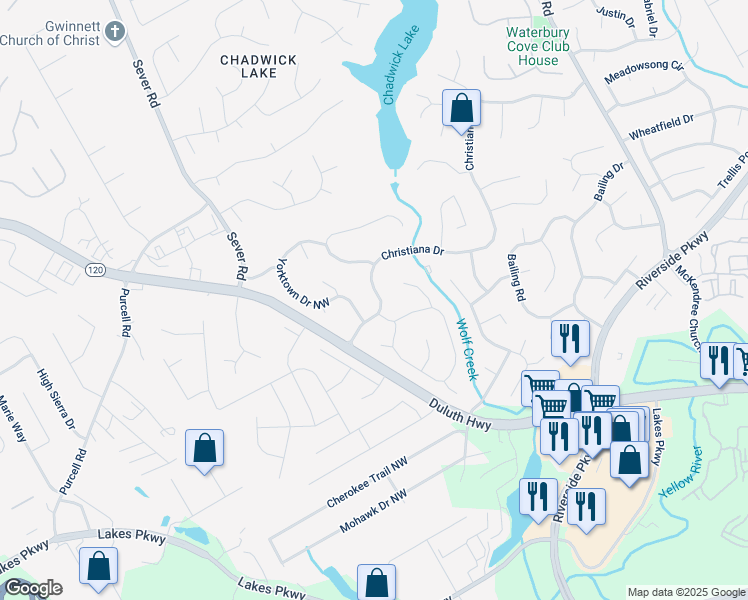 map of restaurants, bars, coffee shops, grocery stores, and more near 1368 Christiana Drive in Lawrenceville
