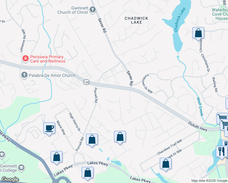 map of restaurants, bars, coffee shops, grocery stores, and more near 1442 Duluth Highway in Lawrenceville