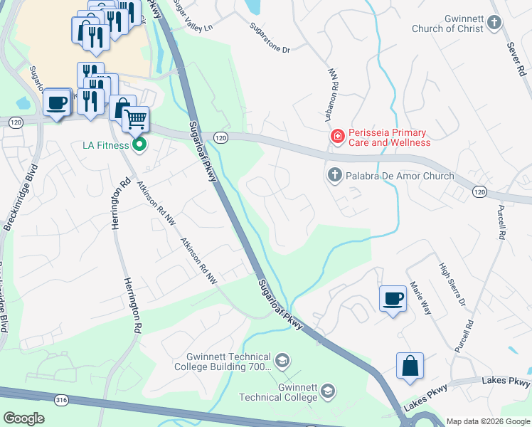 map of restaurants, bars, coffee shops, grocery stores, and more near 1575 Margate Court Northwest in Lawrenceville