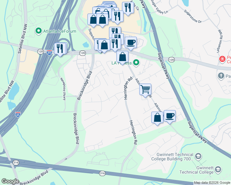 map of restaurants, bars, coffee shops, grocery stores, and more near 2074 Atkinson Lane in Lawrenceville