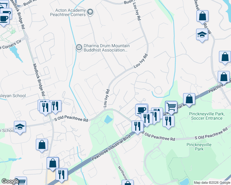 map of restaurants, bars, coffee shops, grocery stores, and more near 5025 Night Heron Lane in Norcross