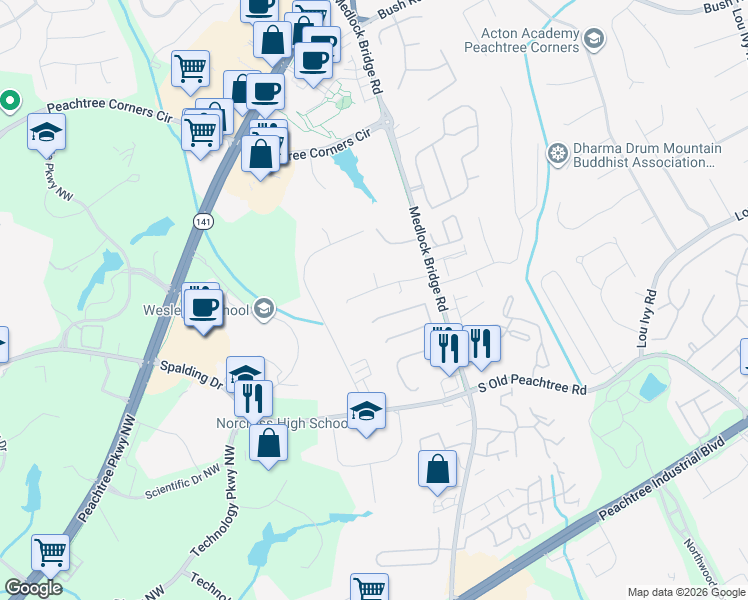 map of restaurants, bars, coffee shops, grocery stores, and more near 5224 North Hampton Ridge in Norcross