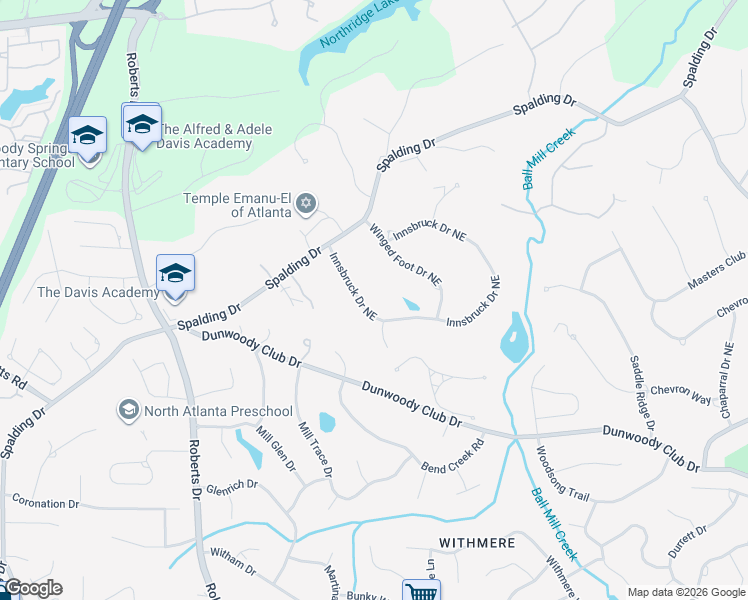 map of restaurants, bars, coffee shops, grocery stores, and more near 8145 Innsbruck Drive Northeast in Atlanta
