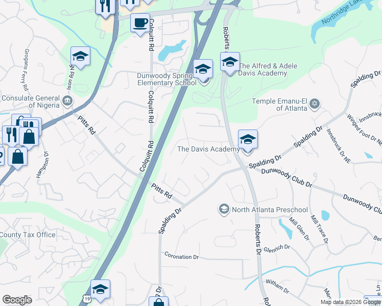 map of restaurants, bars, coffee shops, grocery stores, and more near 800 Amster Green Drive in Atlanta