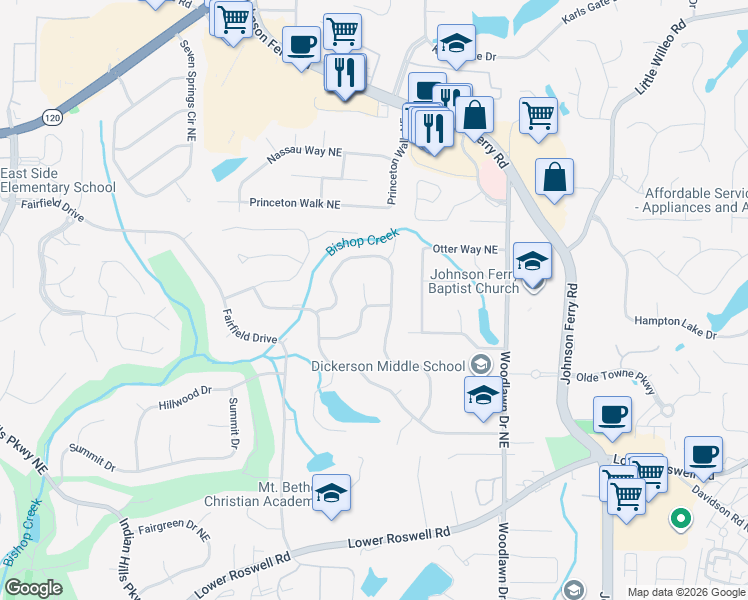 map of restaurants, bars, coffee shops, grocery stores, and more near 905 Banford Court Northeast in Marietta