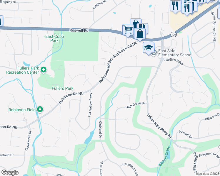 map of restaurants, bars, coffee shops, grocery stores, and more near 3498 Clubland Drive in Marietta