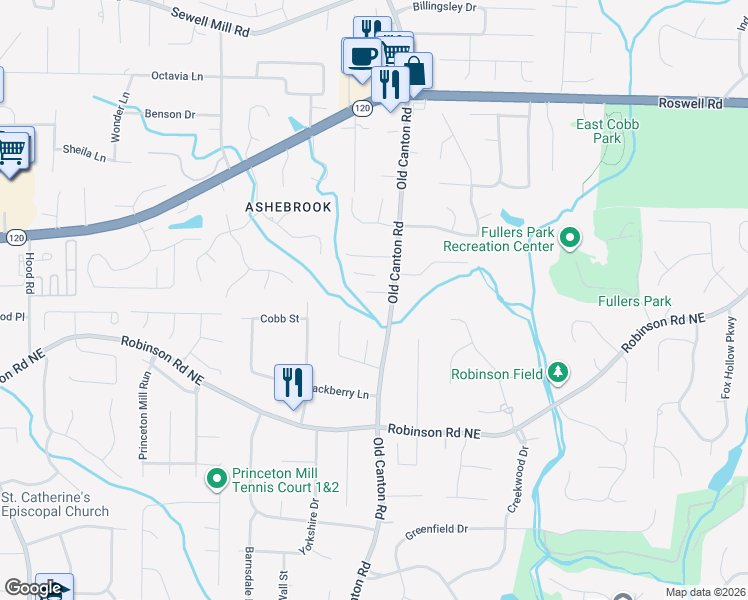 map of restaurants, bars, coffee shops, grocery stores, and more near 3406 Nirmal Court Northeast in Marietta