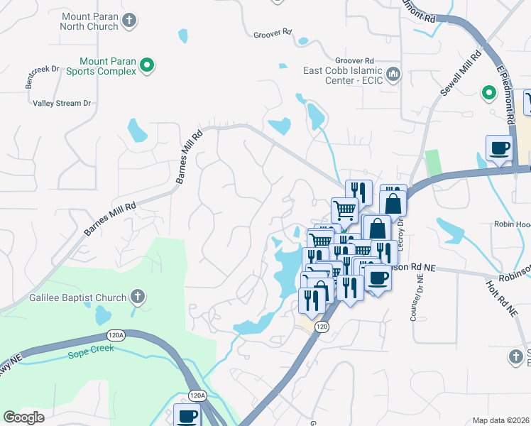 map of restaurants, bars, coffee shops, grocery stores, and more near 850 Woodmont Drive in Marietta