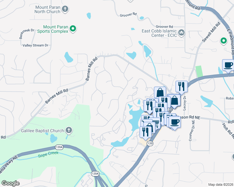 map of restaurants, bars, coffee shops, grocery stores, and more near 1951 Woodmont Court Northeast in Marietta