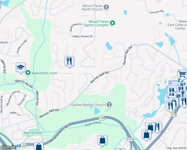 map of restaurants, bars, coffee shops, grocery stores, and more near 1515 Cedar Bluff Trail in Marietta