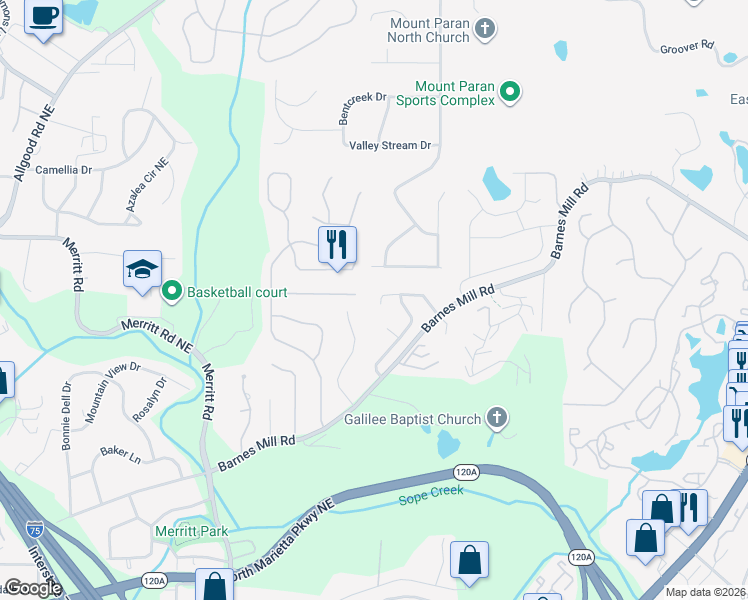map of restaurants, bars, coffee shops, grocery stores, and more near 1541 Cedar Bluff Trail in Marietta